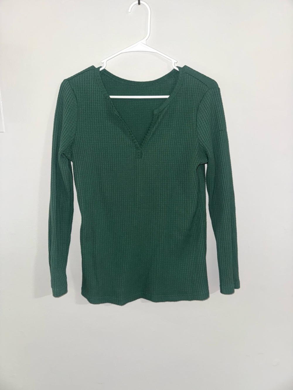 Forest Green Waffle Knit Notch Neck Henley Top L
